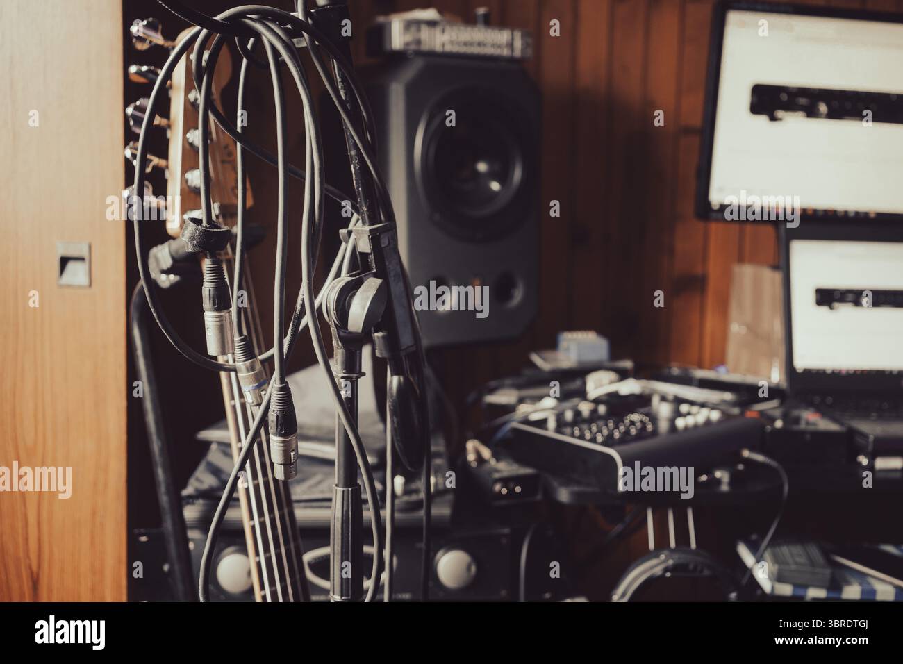 Microphone stand cables, home recording, equipment and instruments. Stock Photo