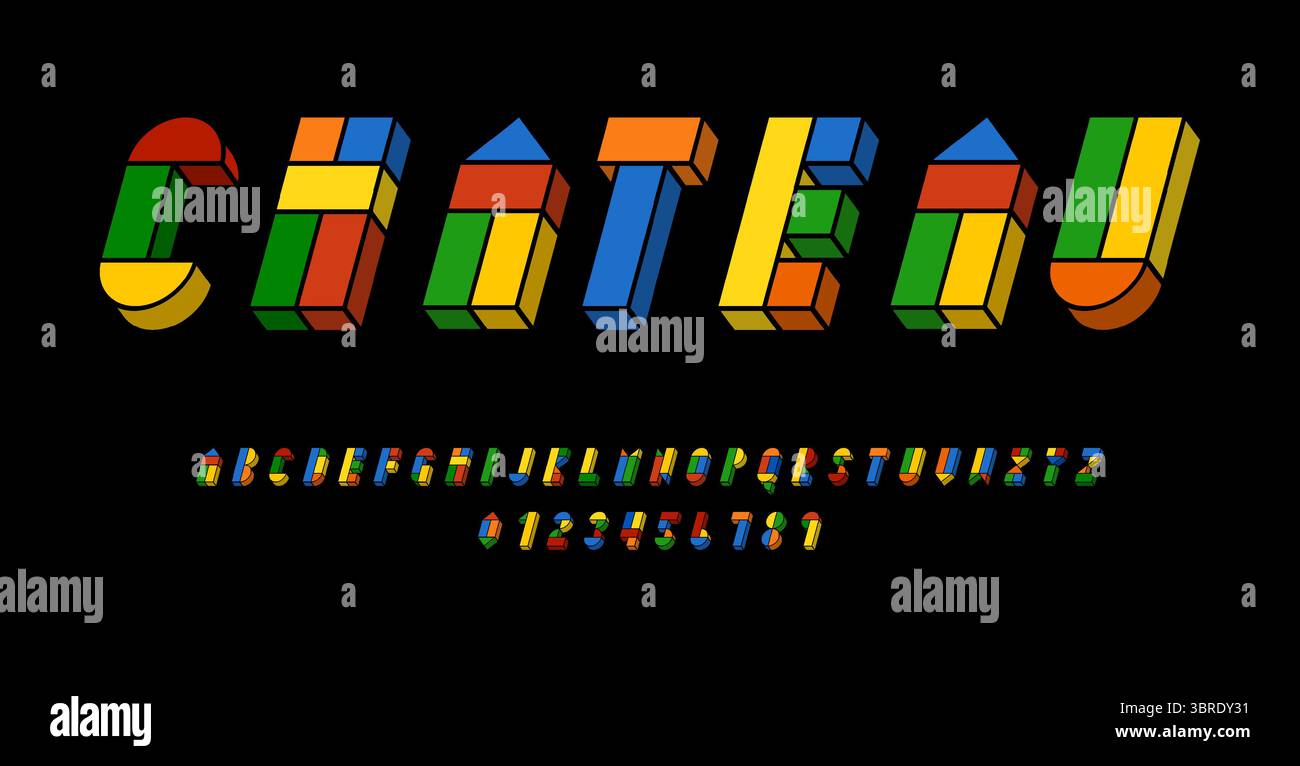 Set of alphabets font letters and numbers modern abstract design with geometric shapes with 3D concept vector illustration Stock Vector