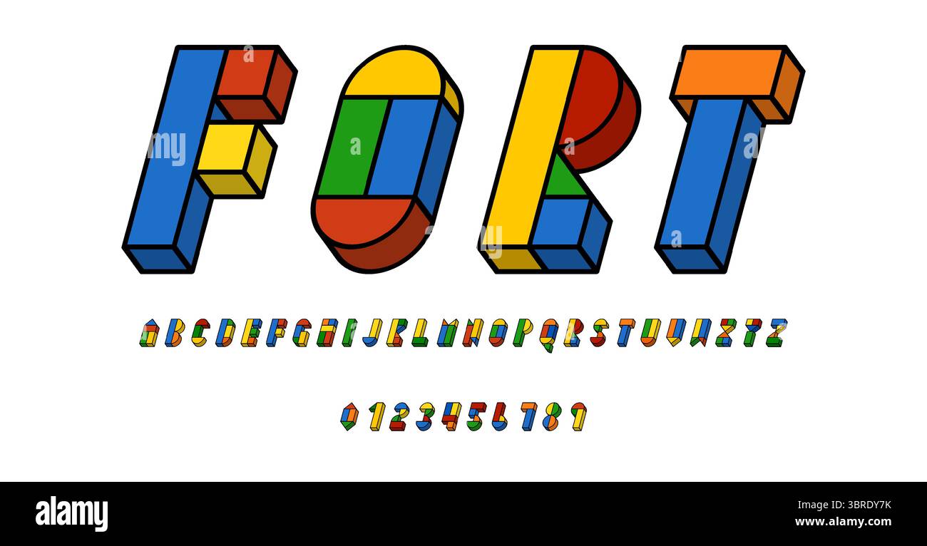 Set of alphabets font letters and numbers modern abstract design with geometric shapes with 3D concept vector illustration Stock Vector