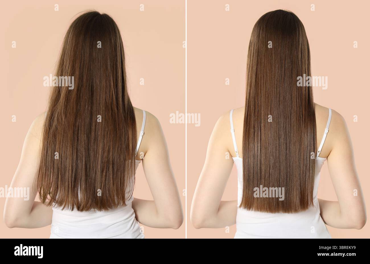 Hair combing, straightening. Woman showing hairstyle before and after different procedures on beige background, back view. Collage of photos Stock Photo