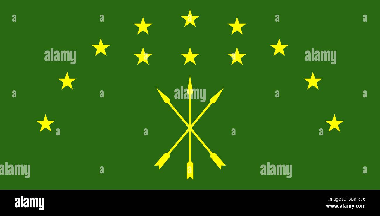 Flag of Adygea, Russia – official regional flag with green field and twelve golden stars with three crossed arrows, adopted 1992, vector illustration Stock Vector