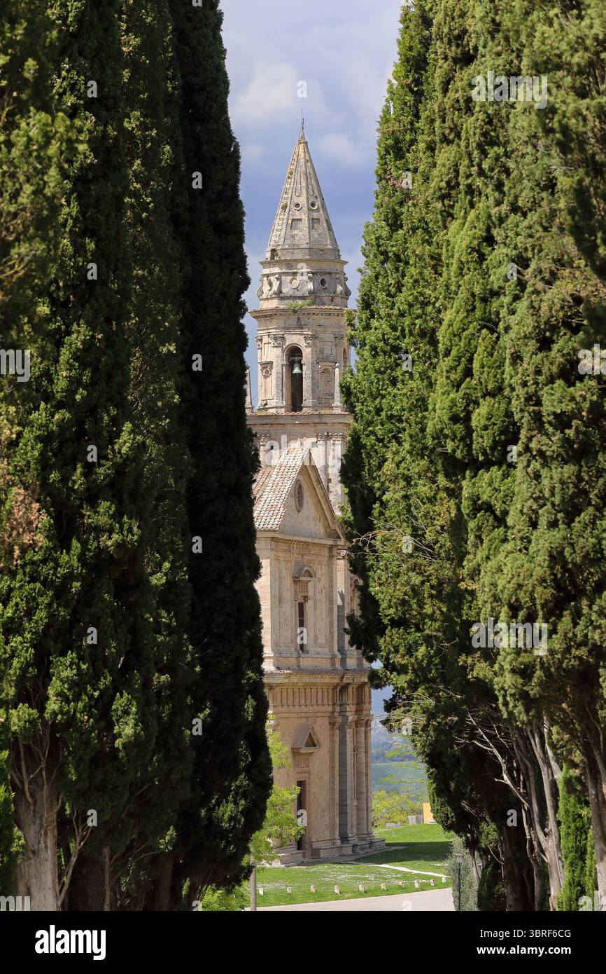 063 Cypress trees framing the east facade of the XVI century Chiesa di San Biagio Church by Antonio da Sangallo the Elder. Montepulciano-Tuscany-Italy Stock Photo