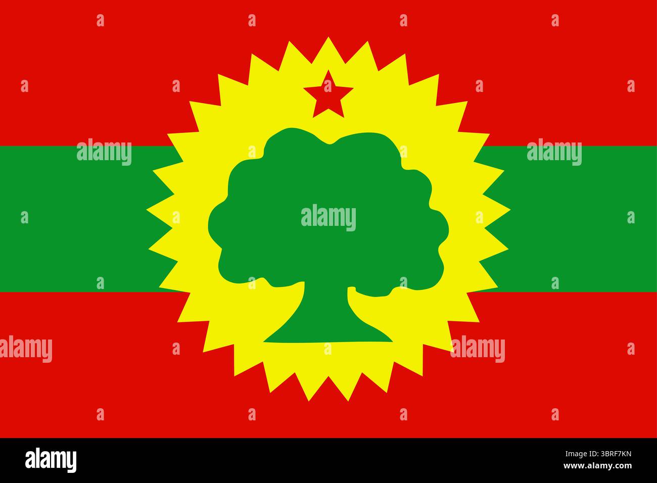 Flag of the Oromo Liberation Front (OLF), Ethiopia – horizontal tricolor of red, green, red with centered sycamore tree emblem, vector illustration Stock Vector
