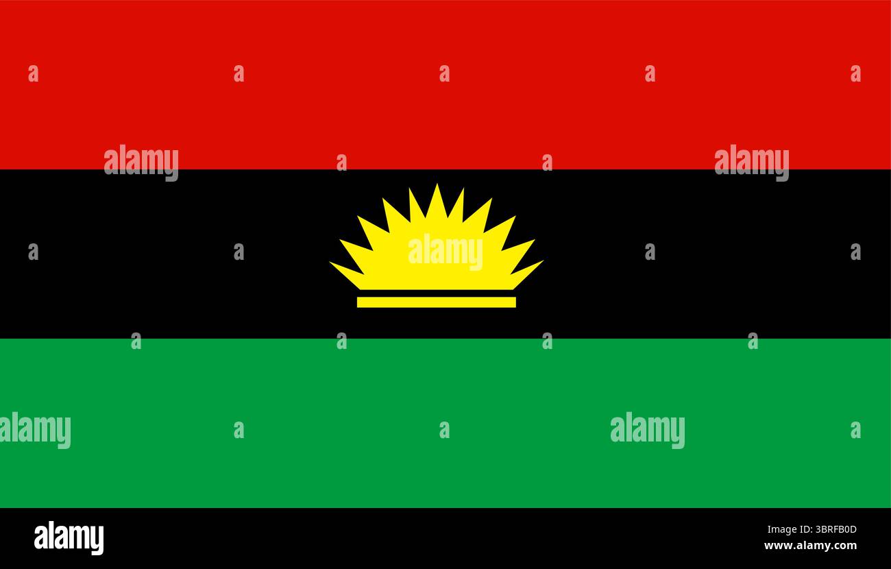 Flag of Biafra – red-black-green tricolor with golden rising sun, emblem of the Republic of Biafra (1967–1970), Nigerian Civil War symbol Stock Vector