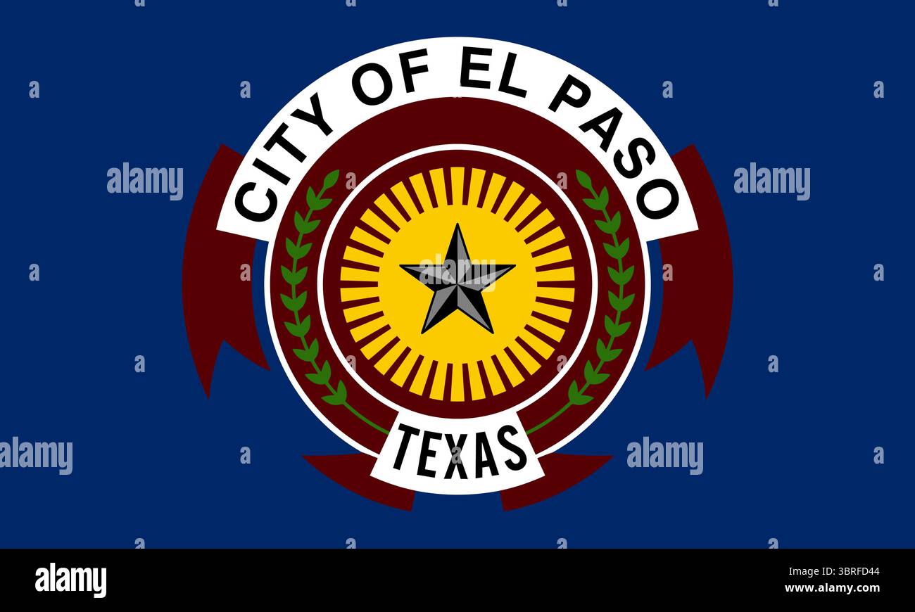 Official flag of El Paso city, Texas, USA, colorful city seal on white