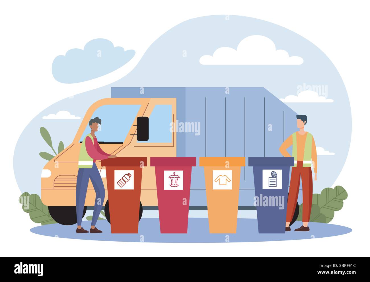 Waste sorting by workers near truck. Vector illustration Stock Vector