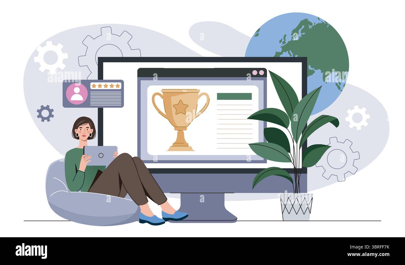 Woman checking online award on tablet. Vector illustration Stock Vector