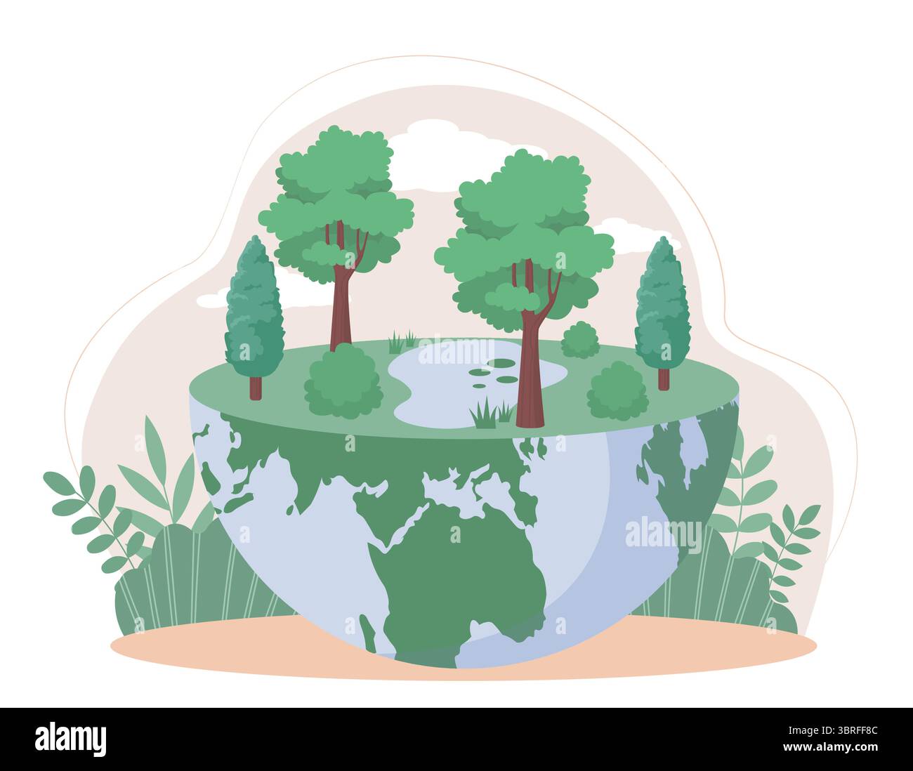 Forest trees growing on half Earth globe. Vector illustration Stock Vector
