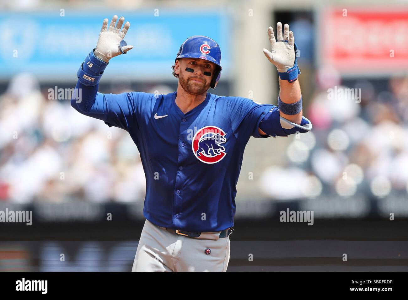 BRONX, NY - JULY 12: Chicago Cubs catcher Carson Kelly (15) hits a home ...