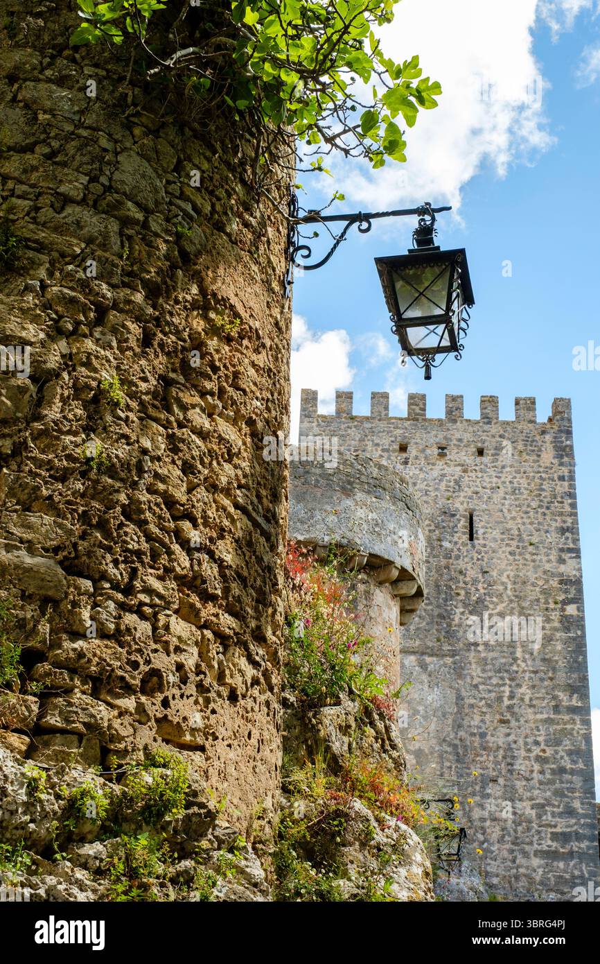 Detail of Portuguese Óbidos Medieval Castle wall and tower, city of Óbidos, Leiria District, Portugal Stock Photo