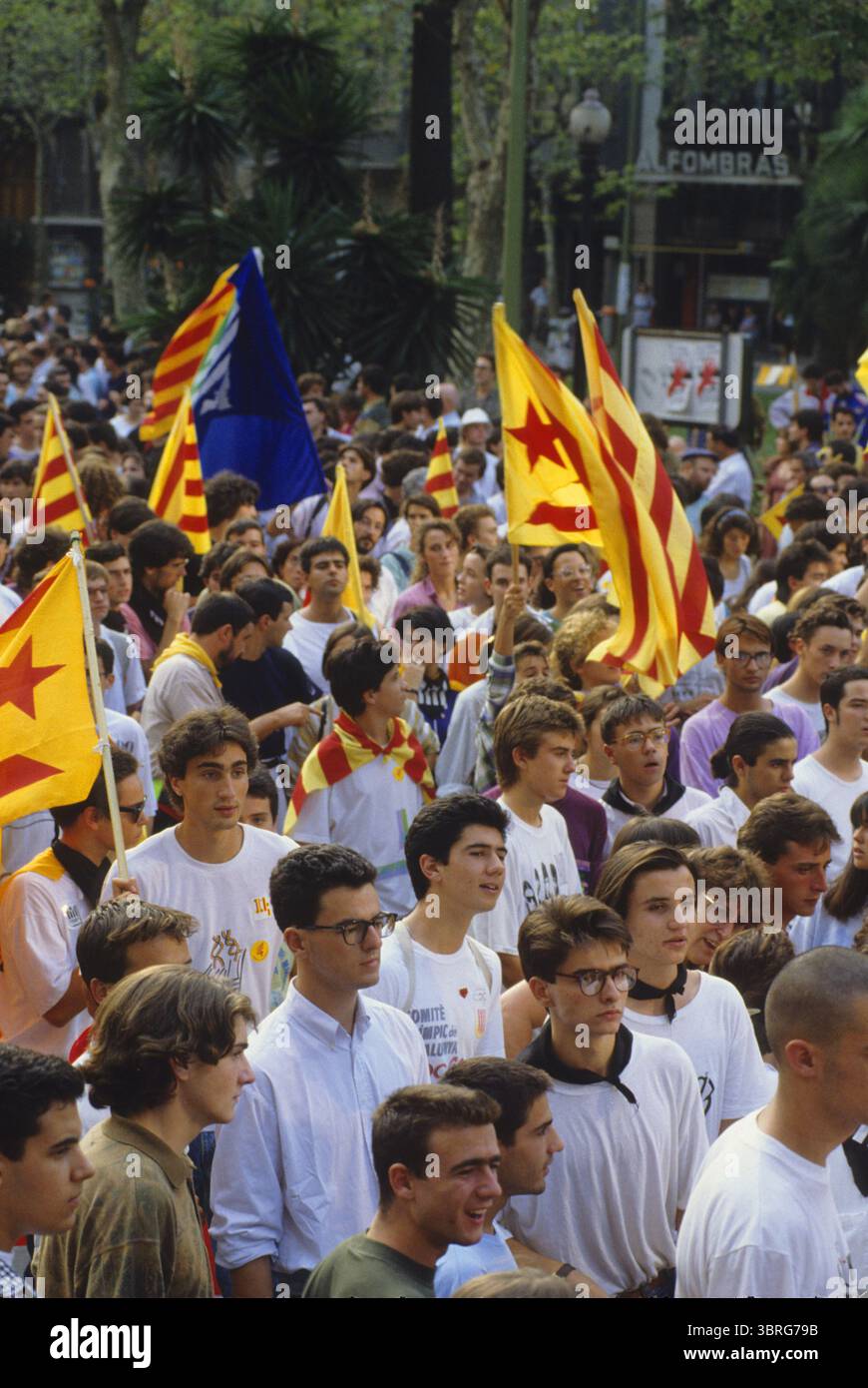 Barcelona Spain 1991 huge popular manifestation for catalan country independance catalan flag crowd people in the streets Stock Photo