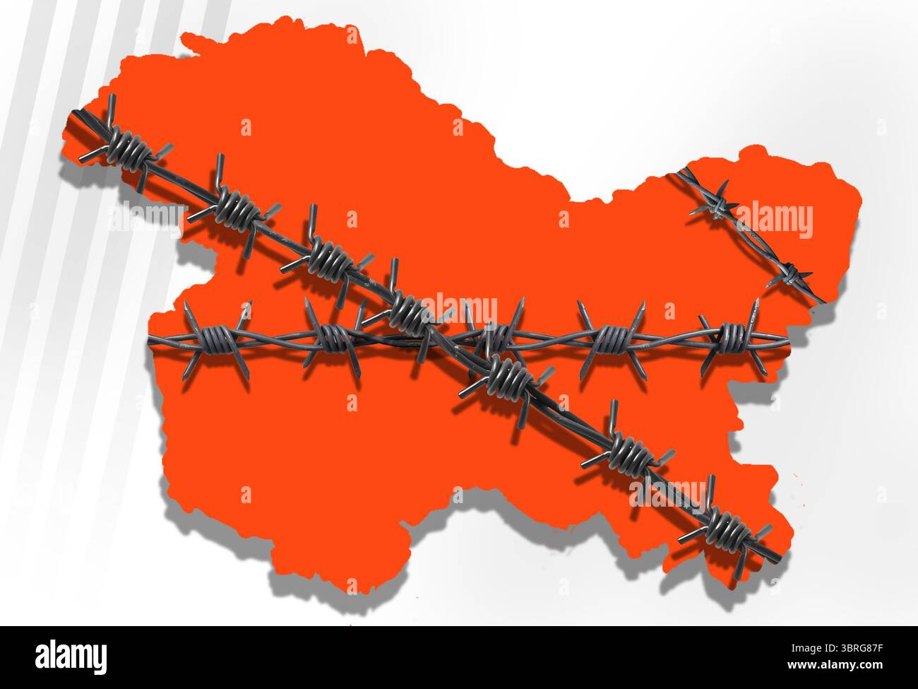 Illustration of kashmir map with barbed wire. Concept of dispute between Pakistan and India over Jammu and Kashmir Stock Photo