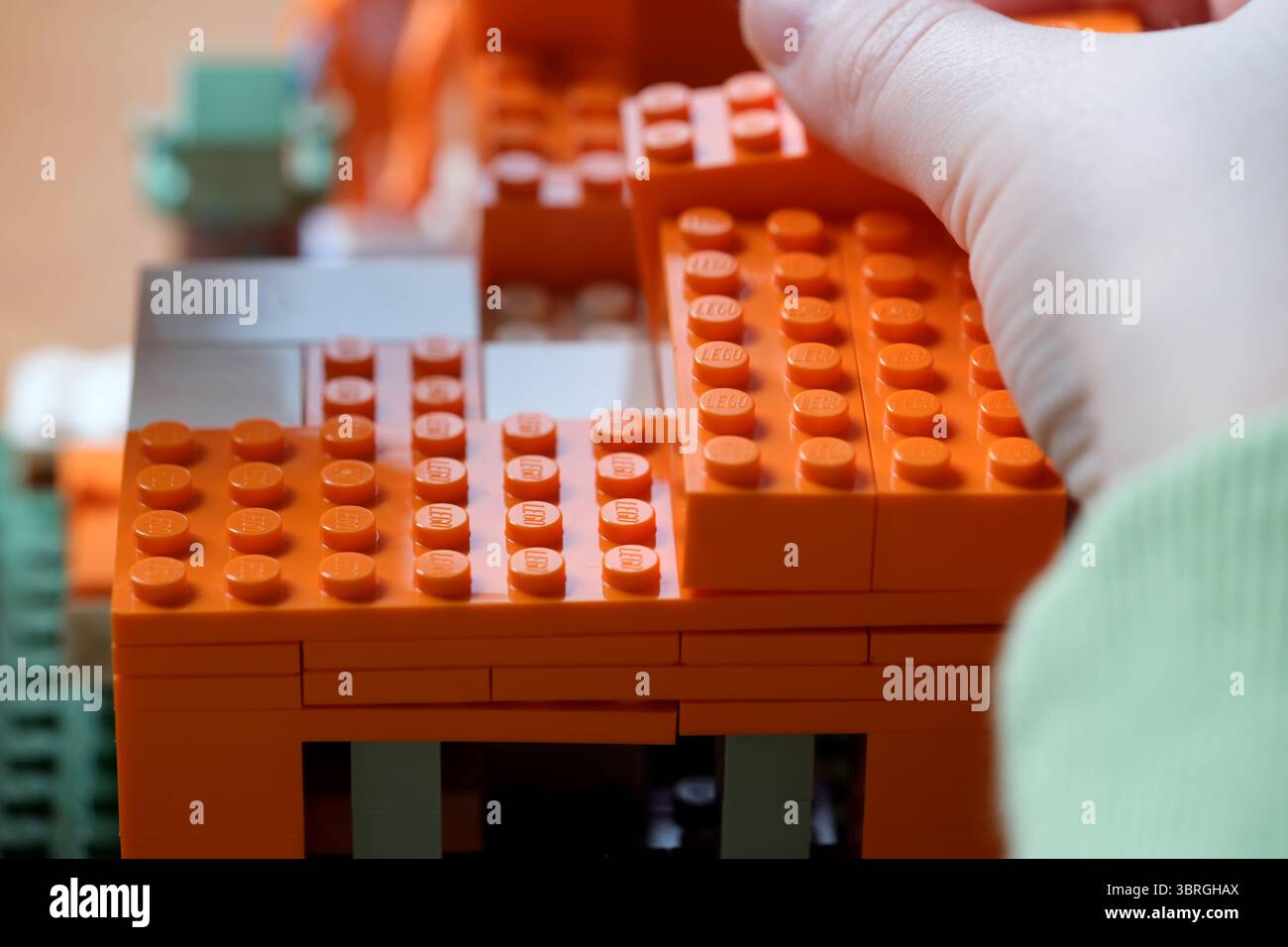 Hands skillfully assemble vibrant building blocks on a table. Stock Photo