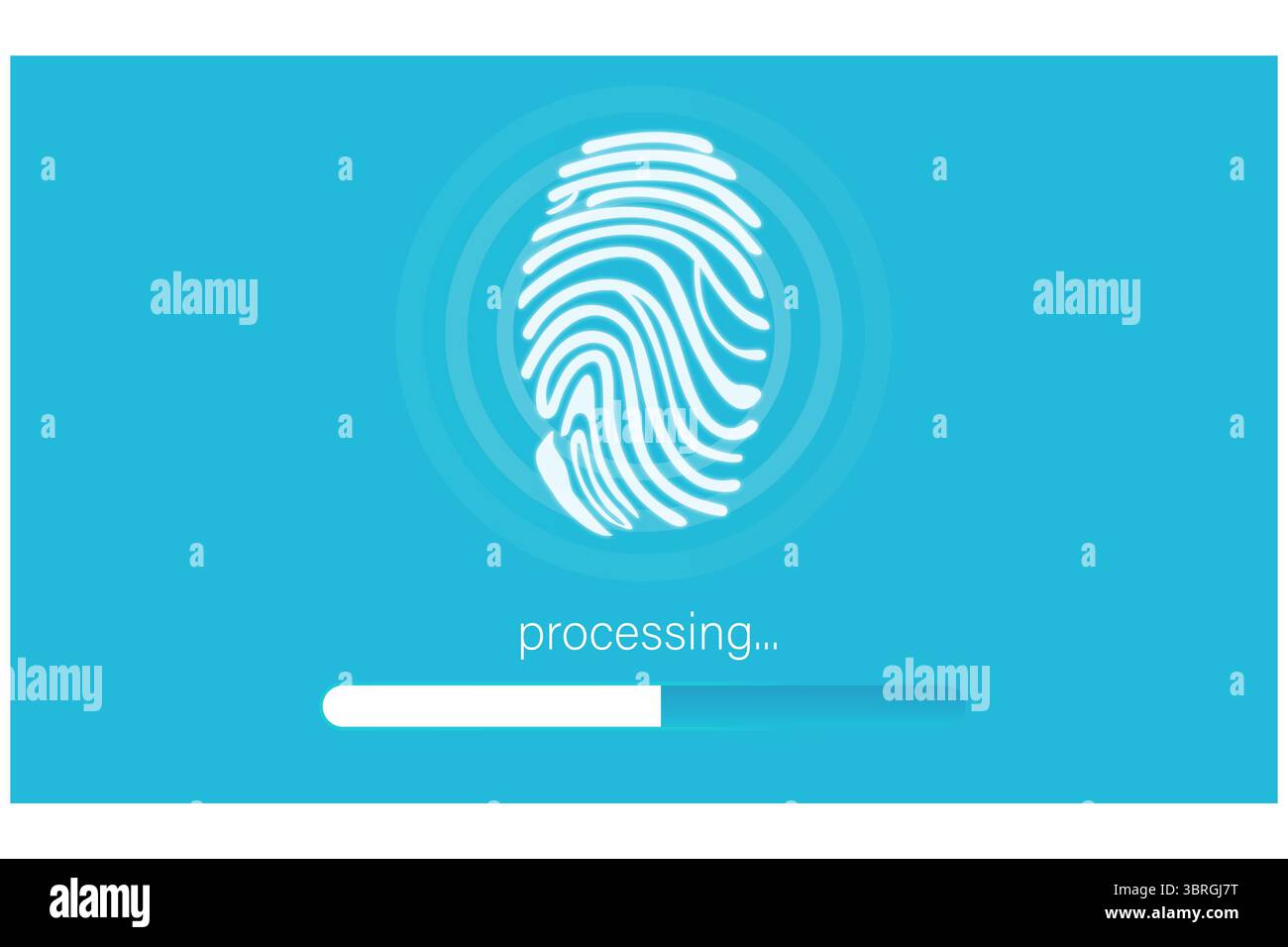 Displaying white fingerprint icon rippling on turquoise flat design UI showing processing progress Stock Photo
