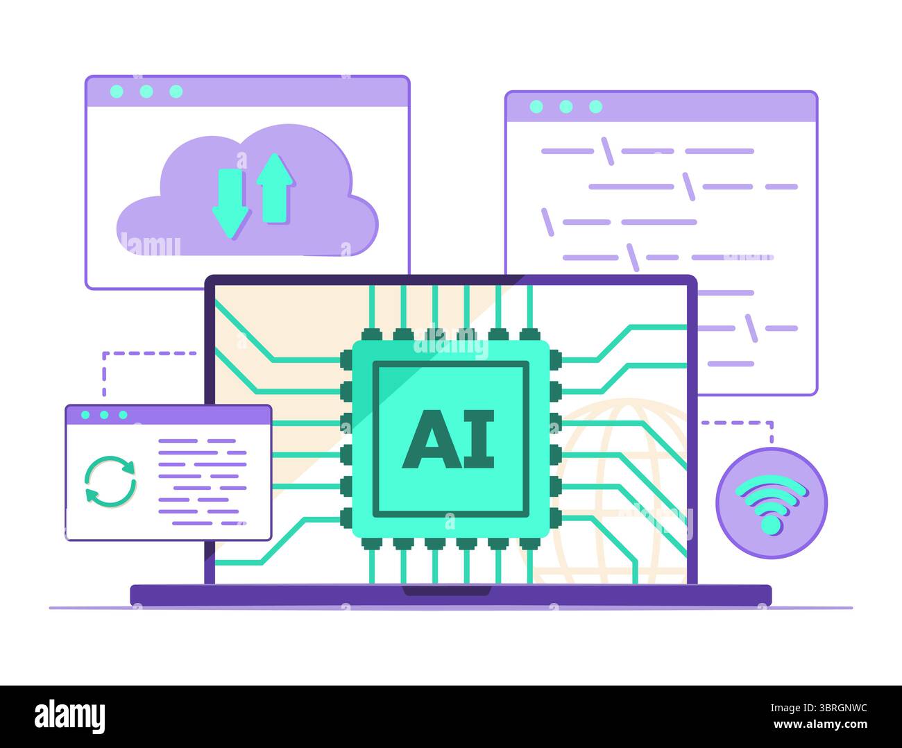 Laptop Computer's Microchip Processing by AI CPU Program System for Artificial Intelligence, Cloud Computing, Coding and Wireless Technology Concept Stock Vector