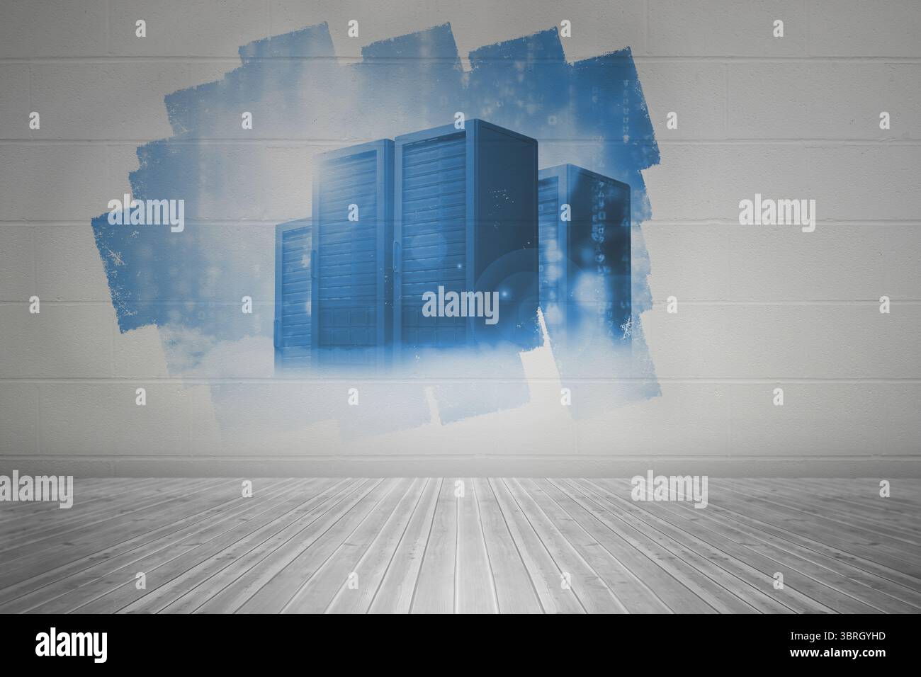 Display on wall showing server tower Stock Photo