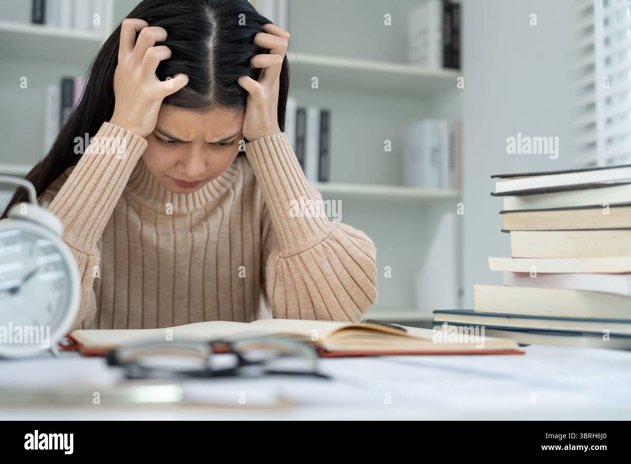 Asian student woman have anxiety because of exams, female prepare for ...