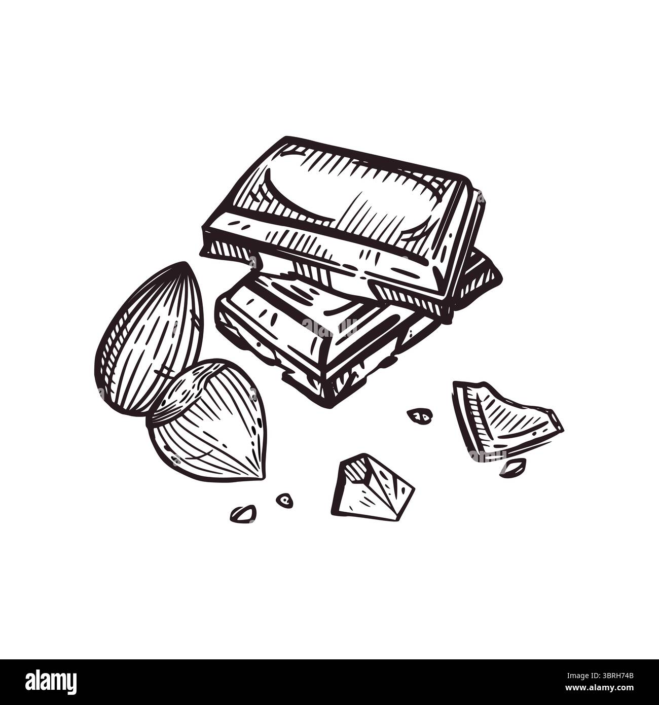 Chocolate with nuts, hazelnuts and almonds. Hand-drawn chocolate slices with ink. The illustration is suitable for food packaging printing, fabric Stock Vector