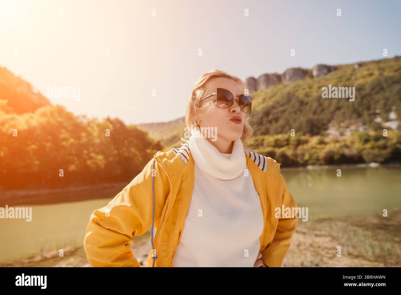 Woman Sunglasses River Posing Outdoors in Sunny Day Stock Photo