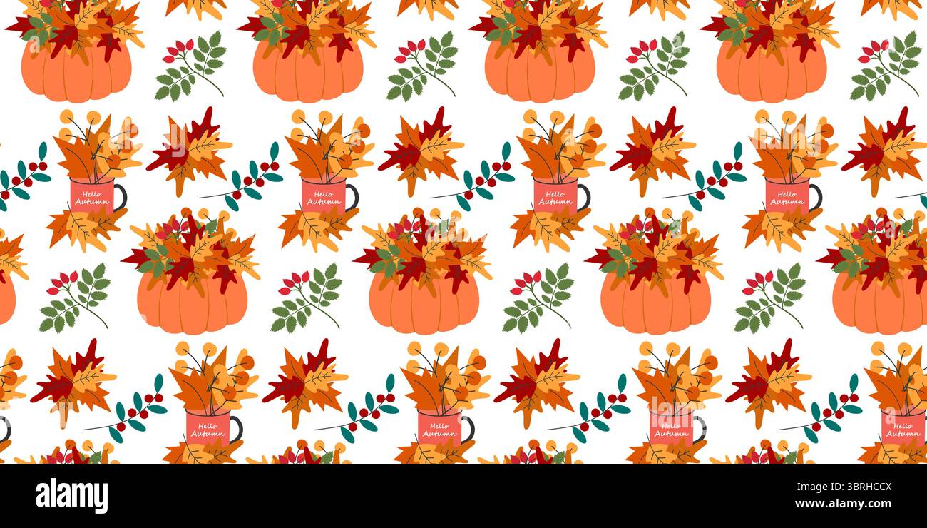 Pumpkins and Mug with Hello Autumn Text and Autumn Leaves Composition ...