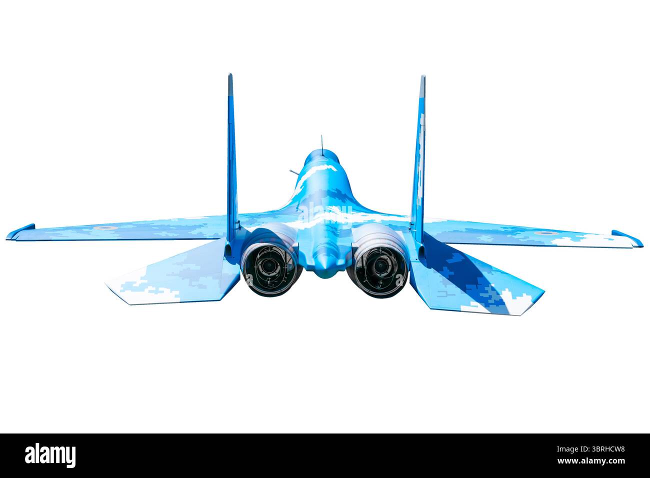 Rear view of a modern military jet fighter with blue digital camouflage ...