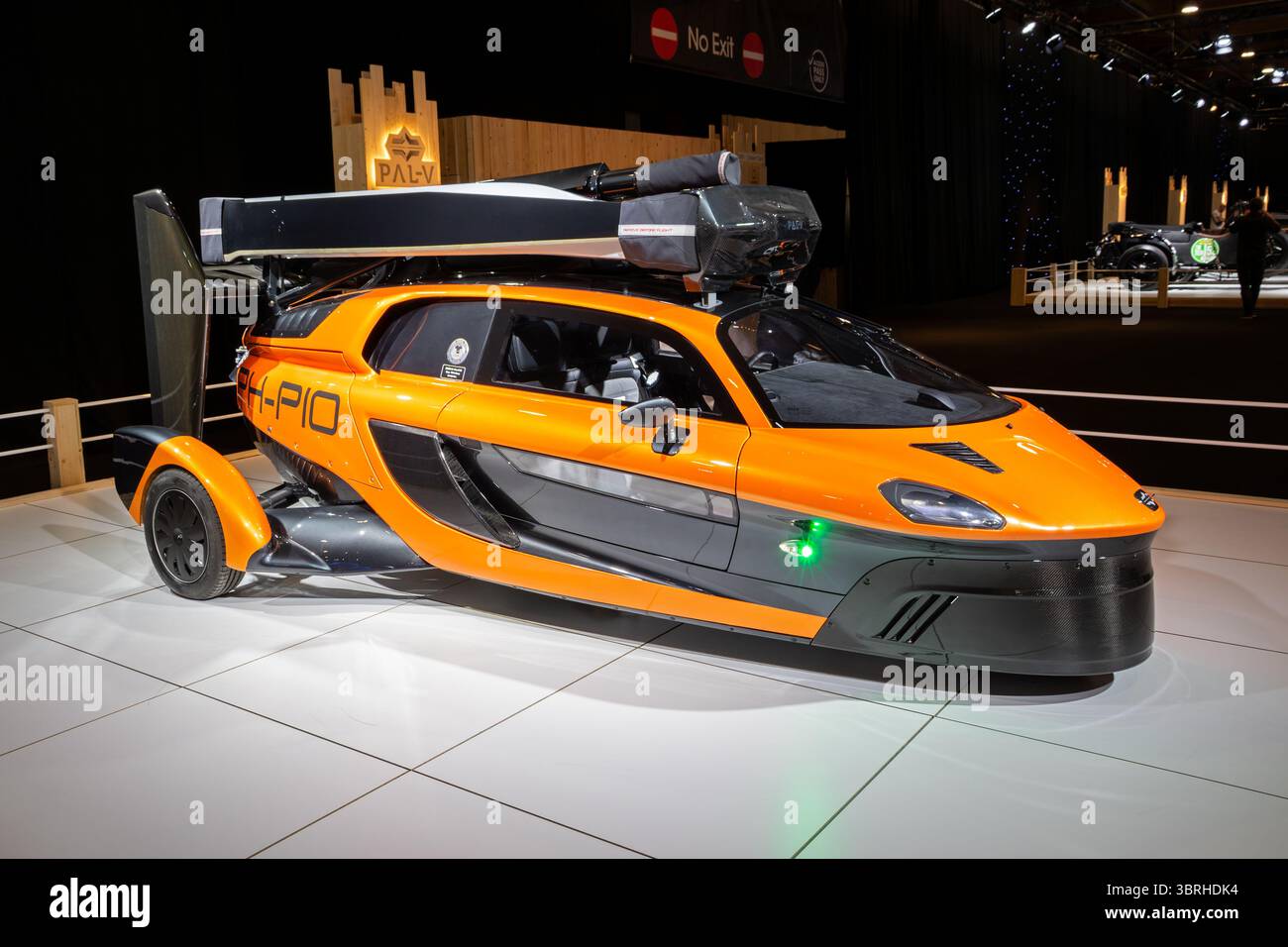 PAL-V Liberty flying car on display at the Autosalon Motor Show. Showcasing innovative aerial mobility and futuristic automotive design. Brussels, Bel Stock Photo