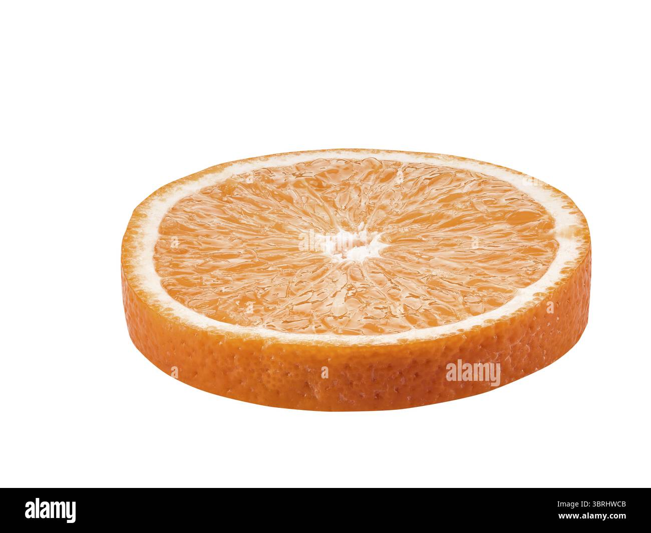 Round slice of a mellow orange isolated on white background with copy space for text or images. Sweet taste with sourness. Fruit with juicy flesh. Sid Stock Photo