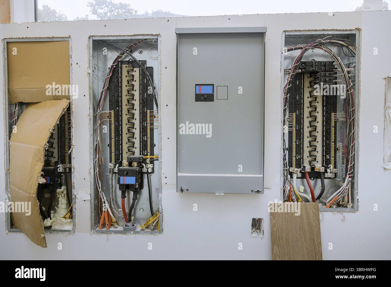 Switchboard electrical voltage box with wires with circuit breakers Stock Photo
