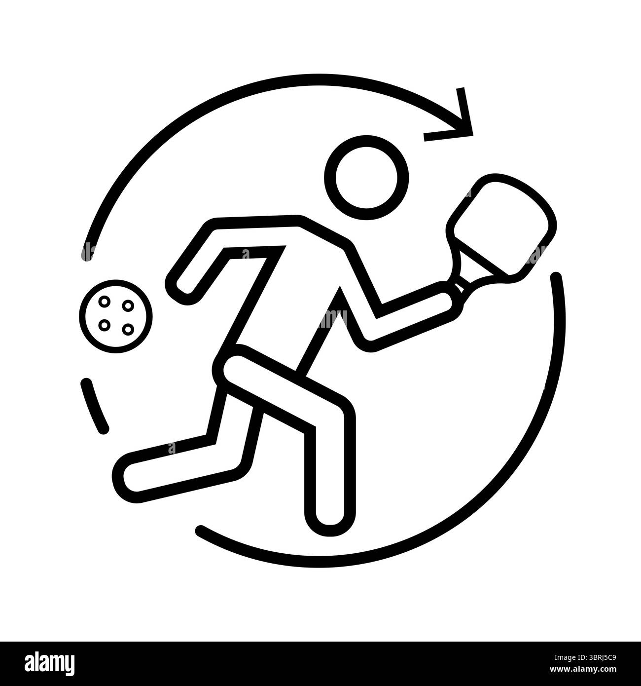 Minimal vector icon of a pickleball player in motion, holding a paddle and running with dynamic curved arrow. Ideal for fitness apps, sport Infograph Stock Vector