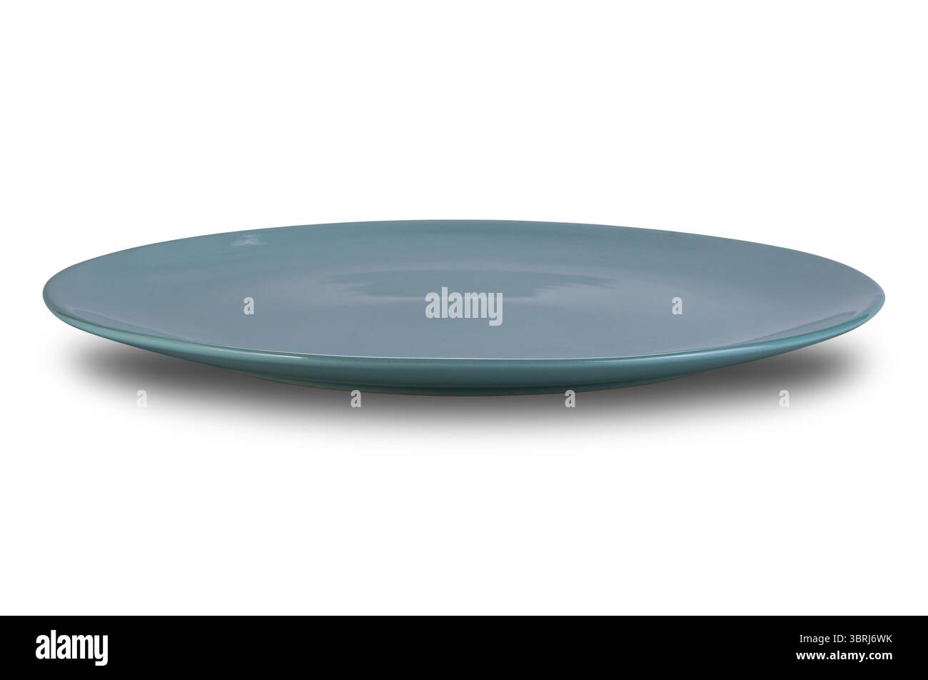 Side view of empty shallow blue ceramic plate isolated on white ...