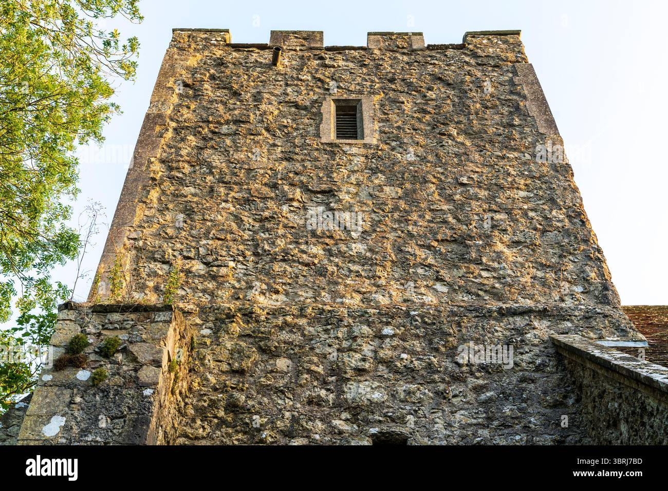 View looking up at the 13th century tower of the church of St Augustine ...