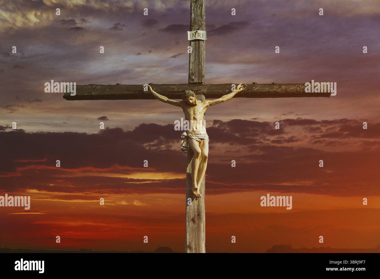 Jesus christ on cross over sunrise he is risen victory in easter day ...