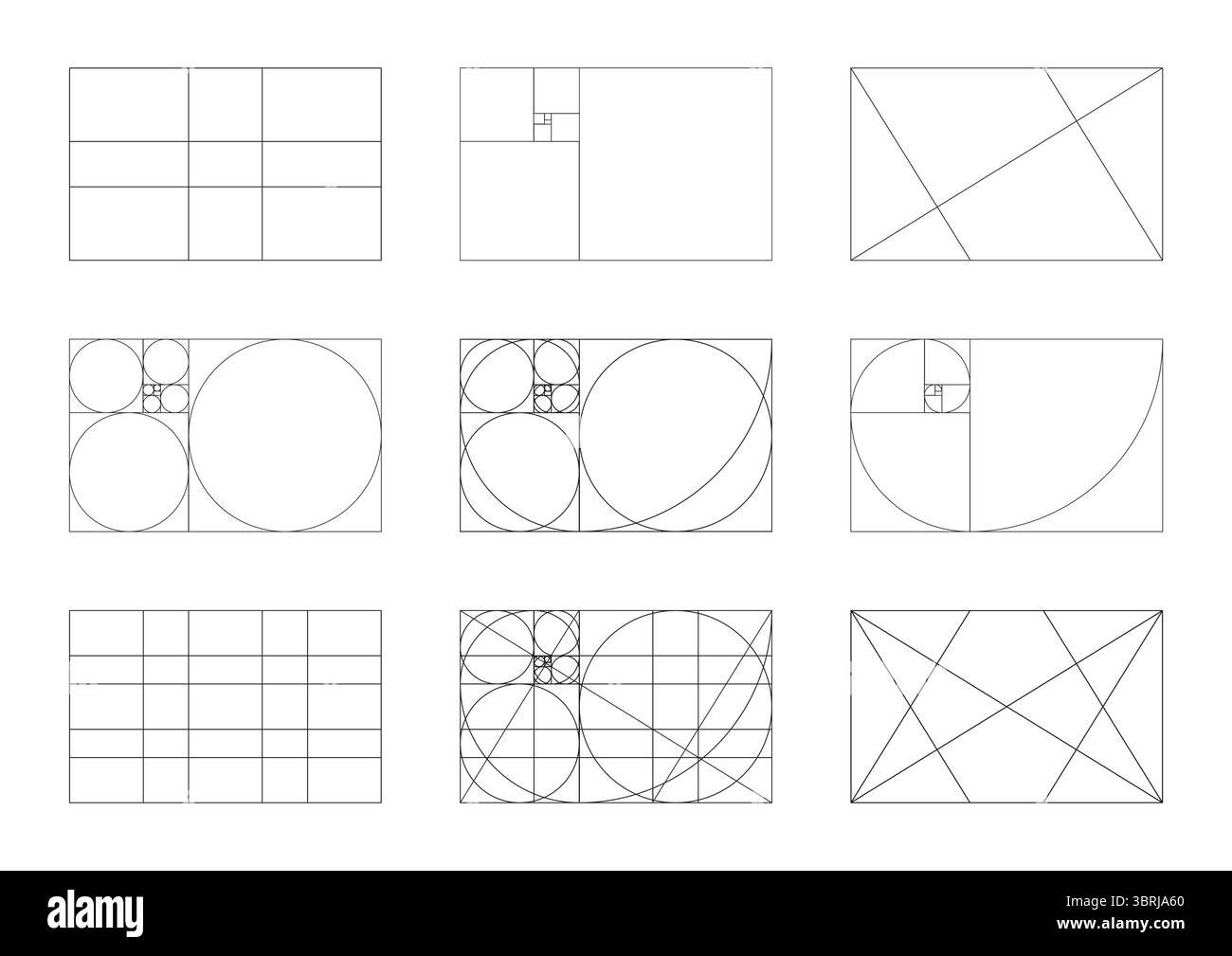 Set of Golden ratio minimal. Fibonacci array, numbers shapes. Harmony ...