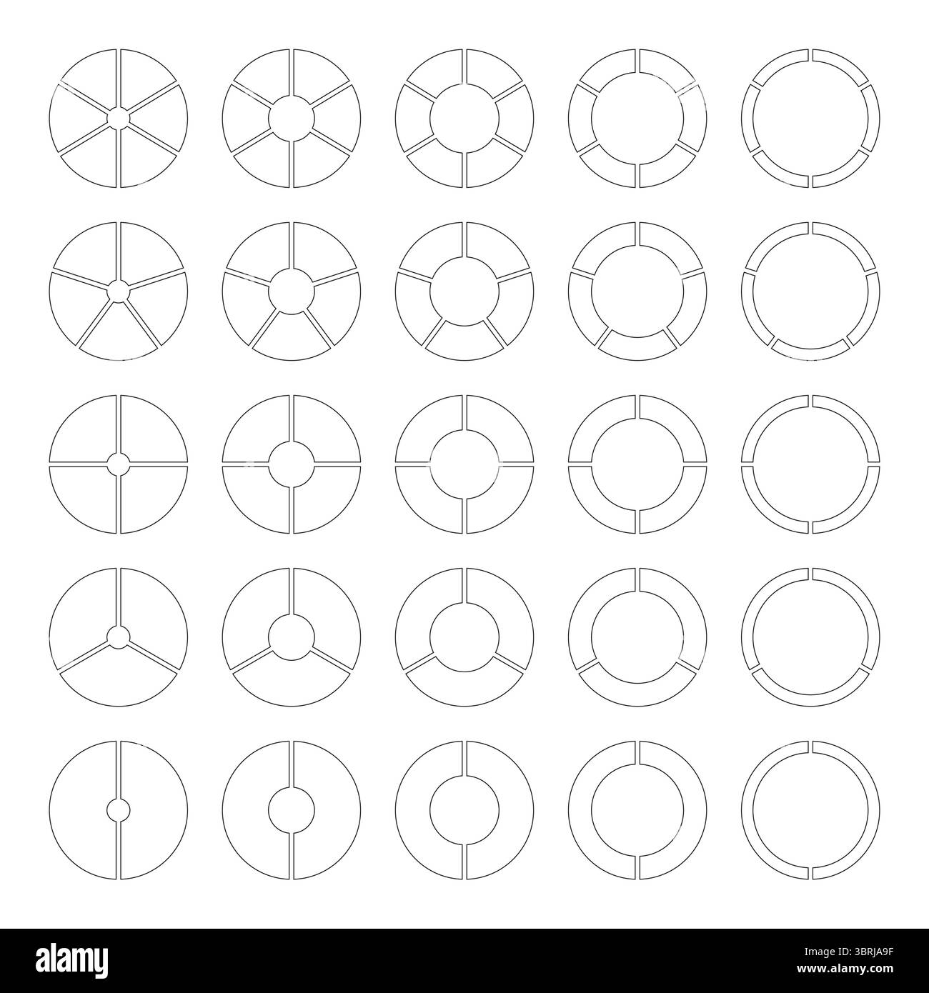 Circle division on 2, 3, 4, 5, 6 equal parts. Coaching blanks. Wheel round divided diagrams with segments. Pie, pizza chart icons. Infographics Stock Vector
