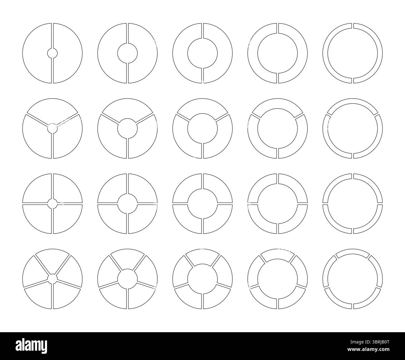 Circle division on 2, 3, 4, 5 equal parts. Wheel round divided black diagrams with segments. Pie, pizza chart icon. Set of infographics. Coaching Stock Vector