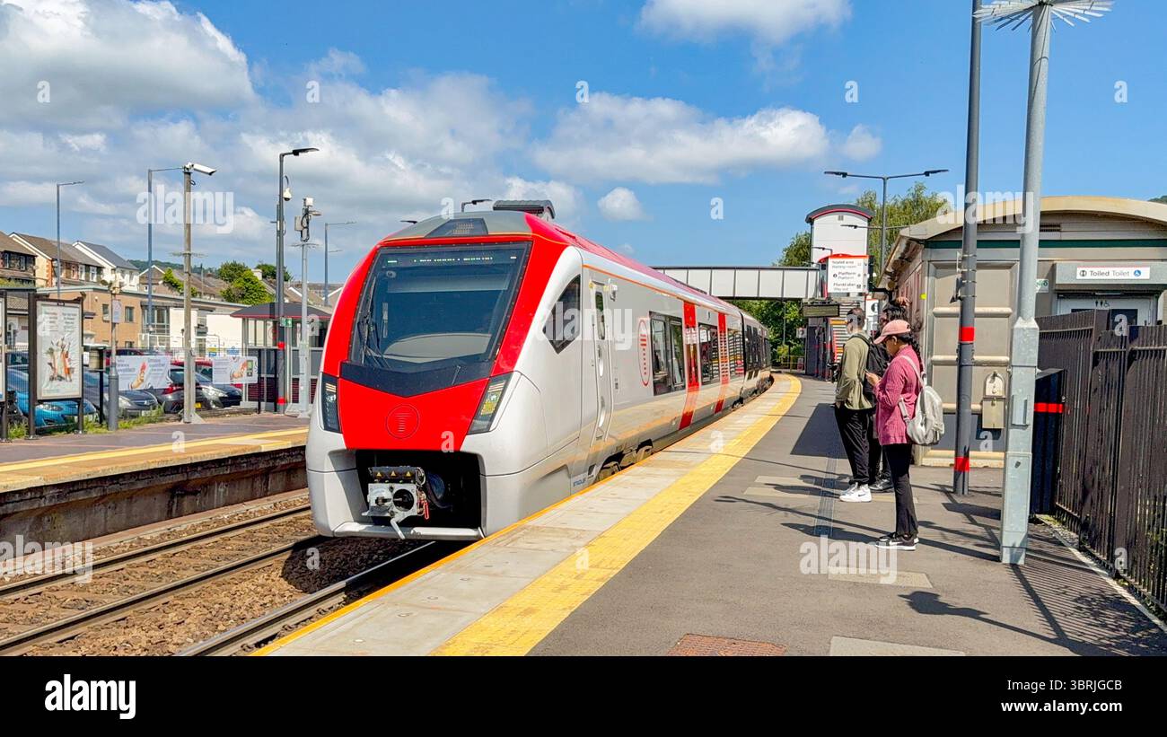 Treforest, Pontypridd, Wales, UK - 18 June 2025: Class 756 train at Treforest Railway station. The locomotive was built for Transport for Wales. - Smartphone Captured Stock Image