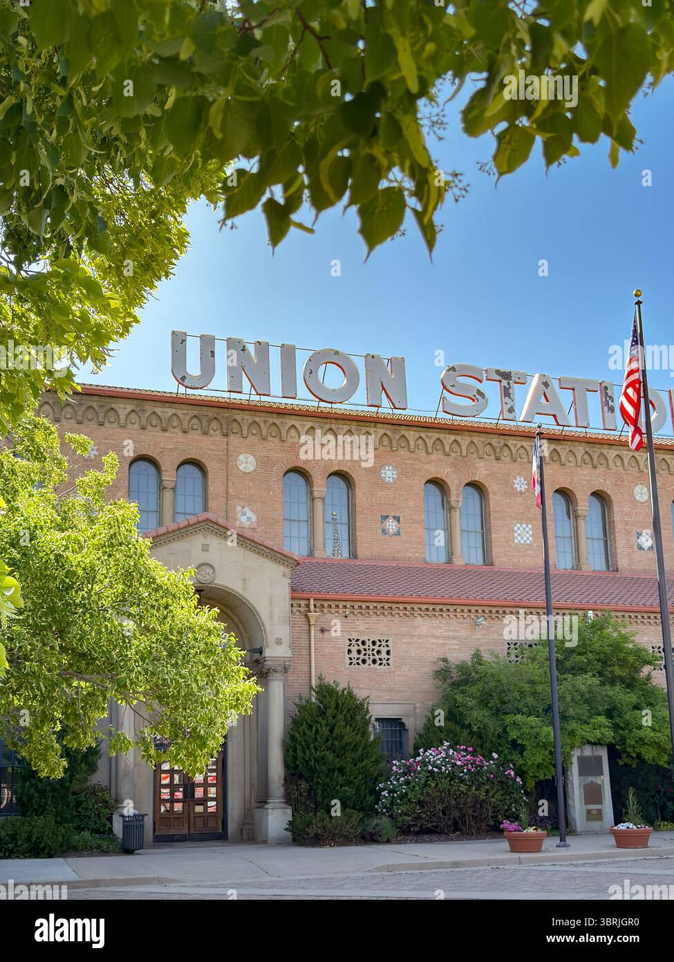 Ogden, Utah, USA - 26 May 2025: Front exterior view of the historic Union Station in Ogden - Smartphone Captured Stock Image