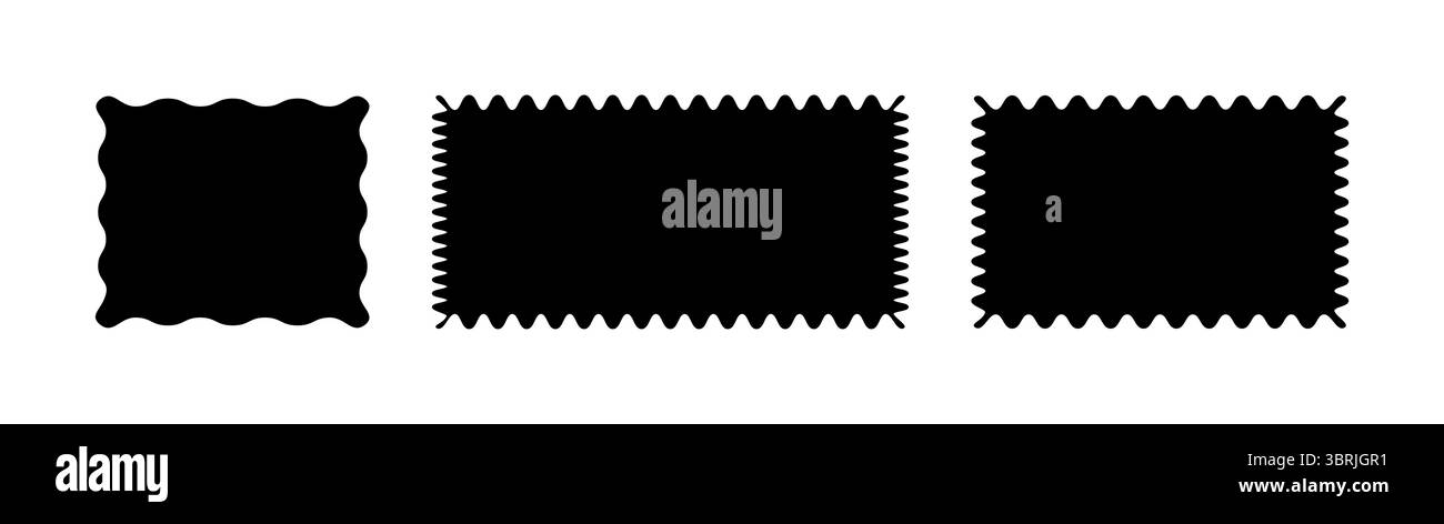 Black rectangular patterns with squiggly borders. Wave curve edge frame mockups. Minimalist tag, empty text box, label, stamp, cracker, coupon with Stock Vector
