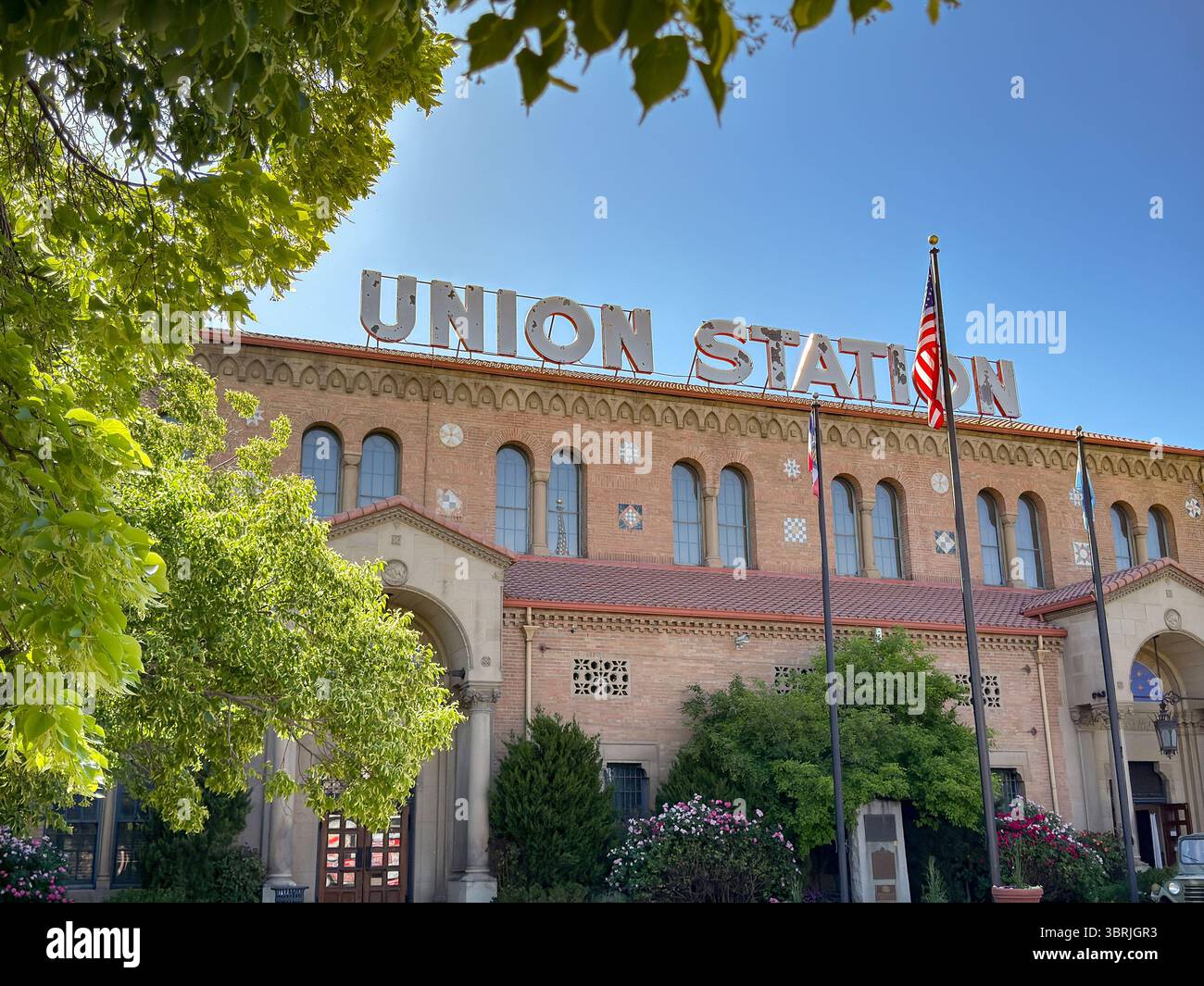 Ogden, Utah, USA - 26 May 2025: Front exterior view of the historic Union Station in Ogden - Smartphone Captured Stock Image