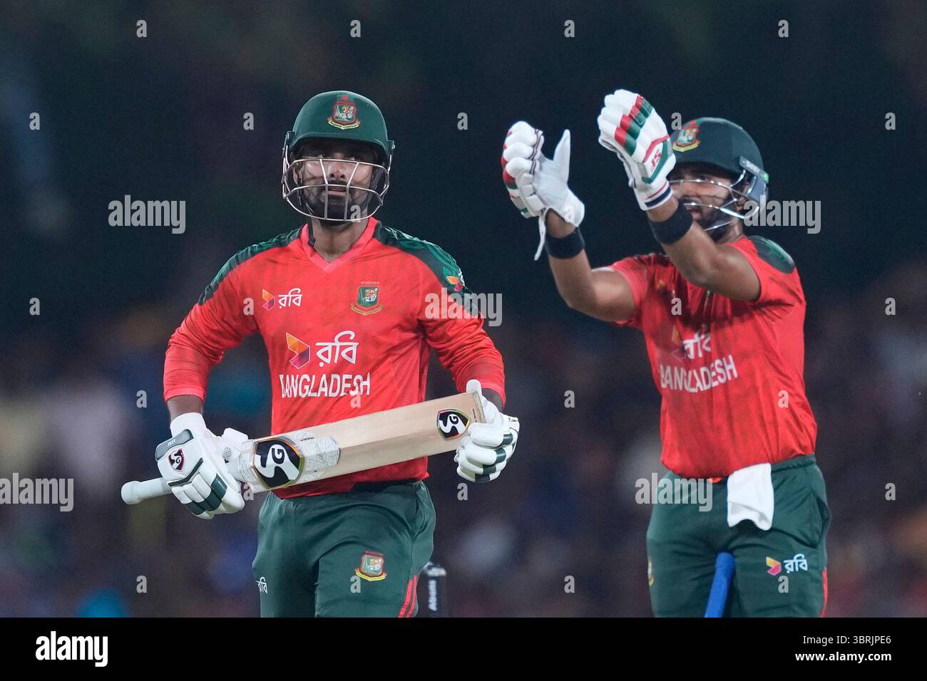Bangladesh's Litton Das leaves the ground after losing his wicket ...