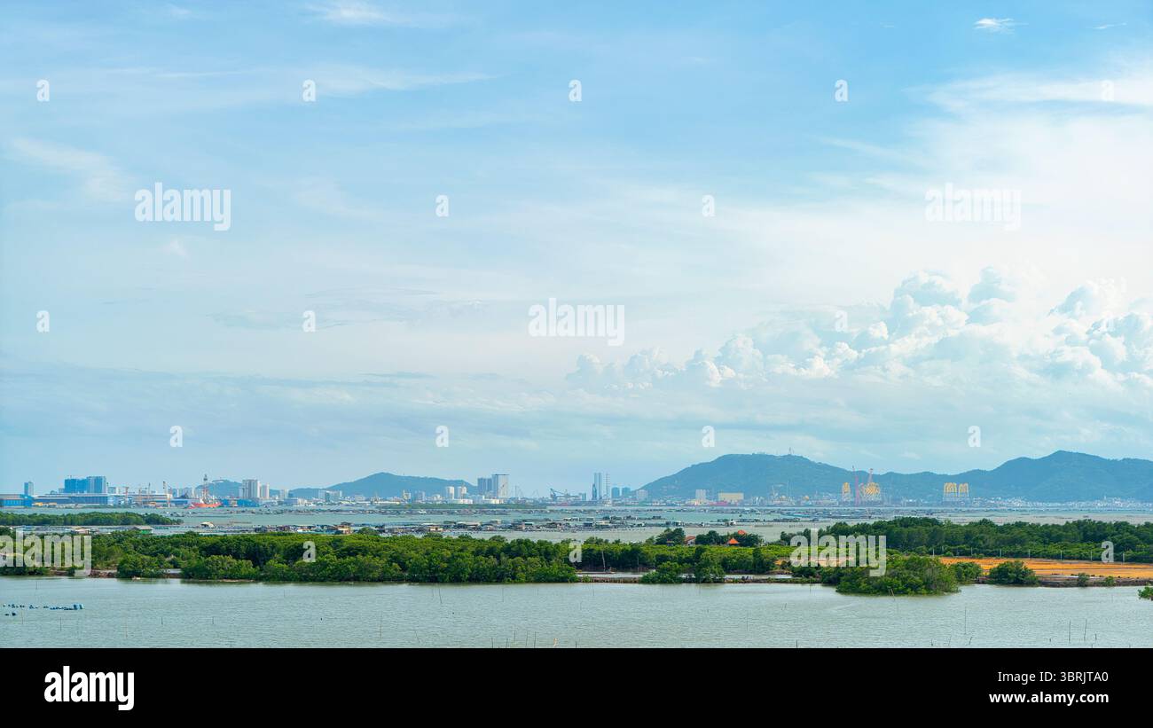 Vung Tau city and Ganh Rai bay, seen from Cha Va bridge on Long Son island Stock Photo