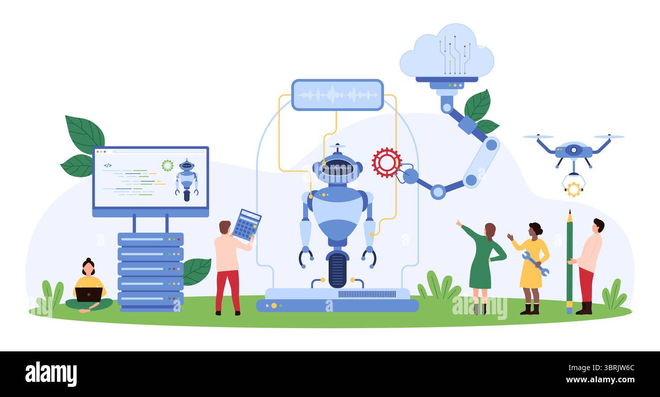 Vector illustration of tiny people assembling ai robot using advanced technology, representing innovation, engineering, and robotics development. Stock Vector