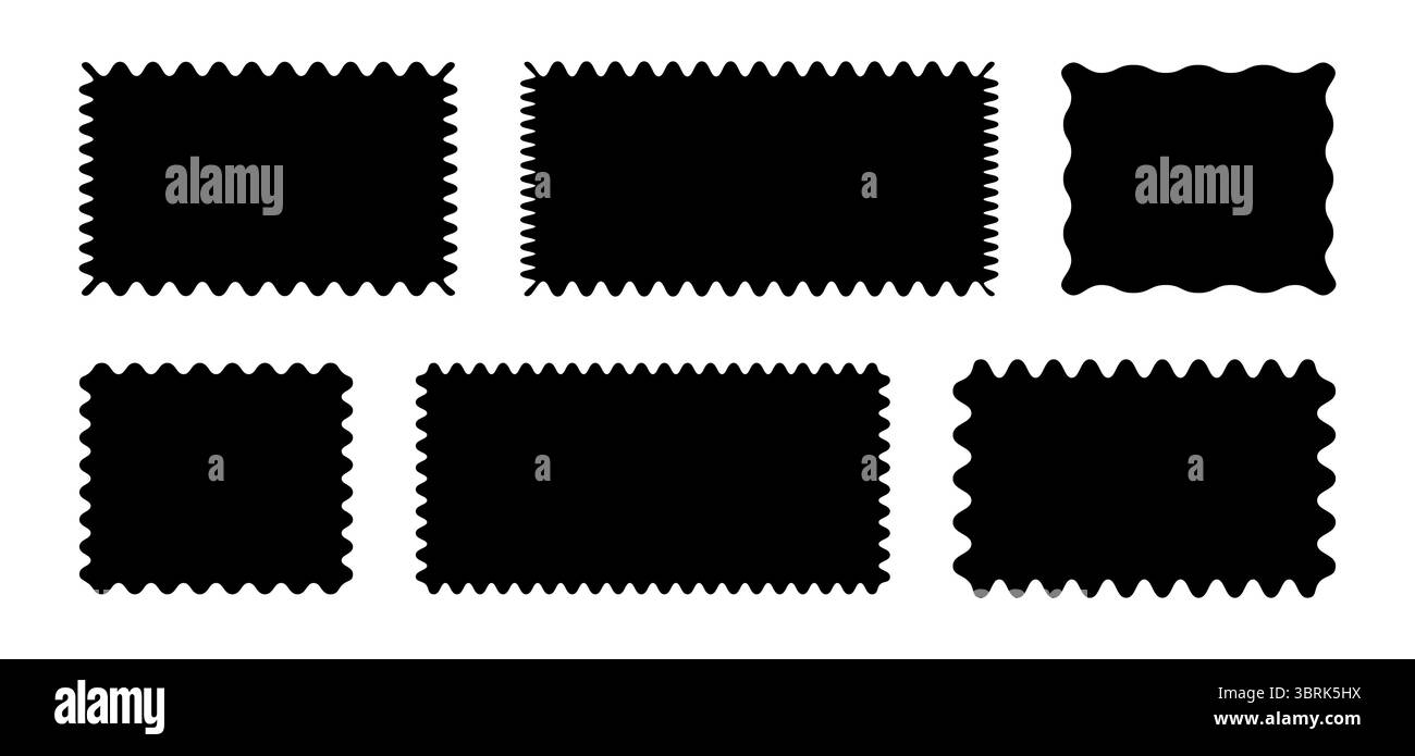 Rectangular flat shapes patterns with squiggly borders set. Doodle wave curve edge frames mockup. Minimalist tag, empty text box, label, stamp Stock Vector
