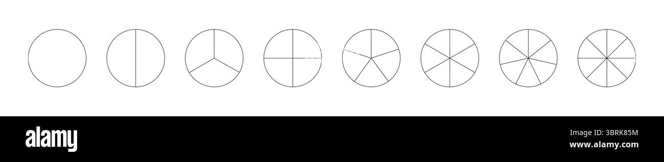 Circle division on from 1 to 8 equal parts. Round divided diagrams, from one to eight segments. Infographic set. Coaching blank pattern. Outline Stock Vector