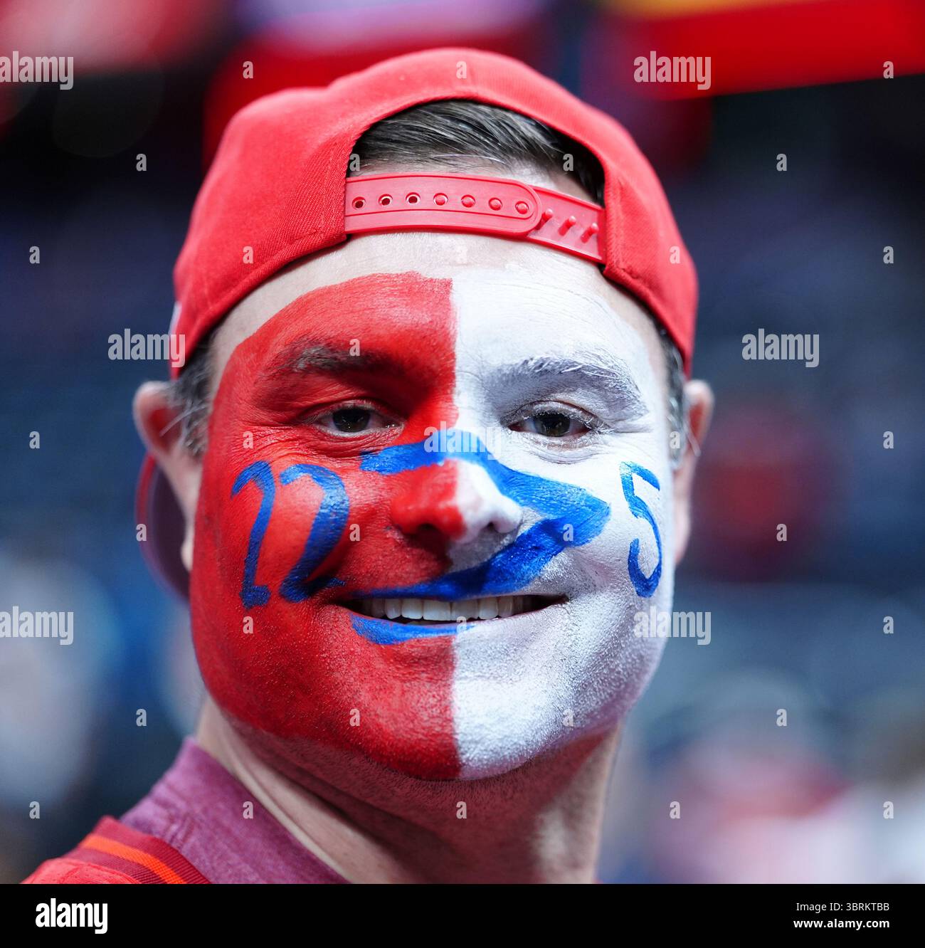 INDIANAPOLIS, IN - JULY 13: Indiana Fever fan has face painted to show ...