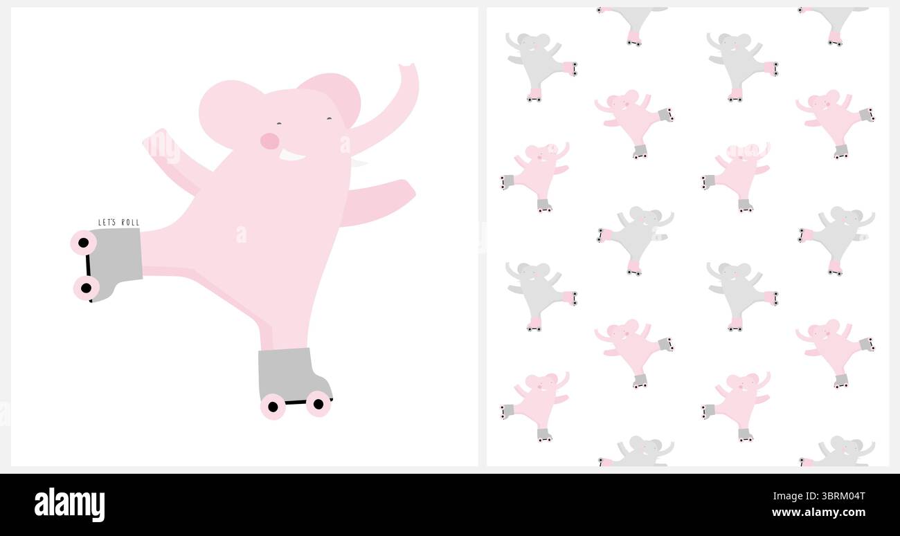 Cute Seamless Vector Pattern And Illustration With Happy Gray And Pink ...