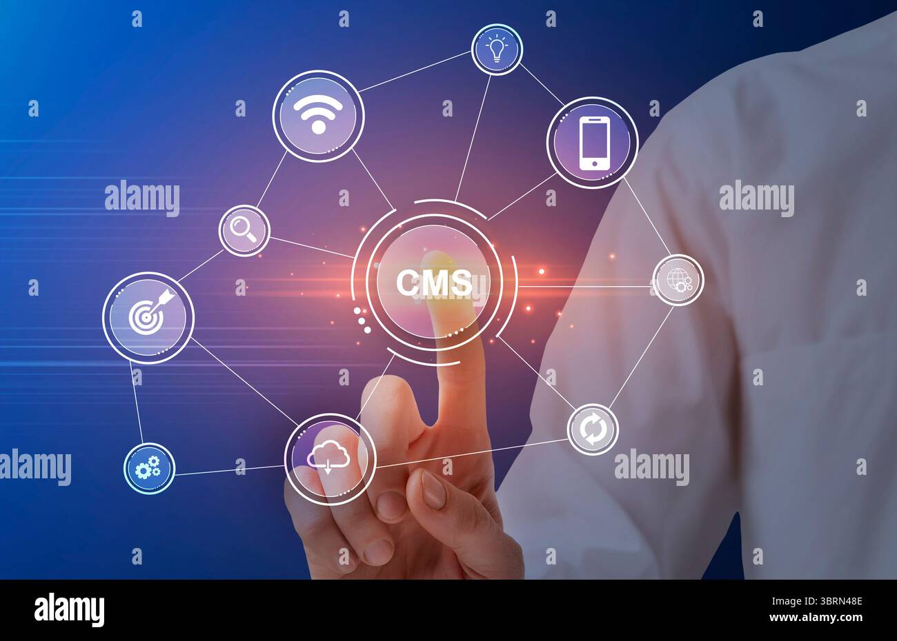 Content management system concept. IT administrator pressing CMS button on vrtual screen with computer icons. Collage Stock Photo