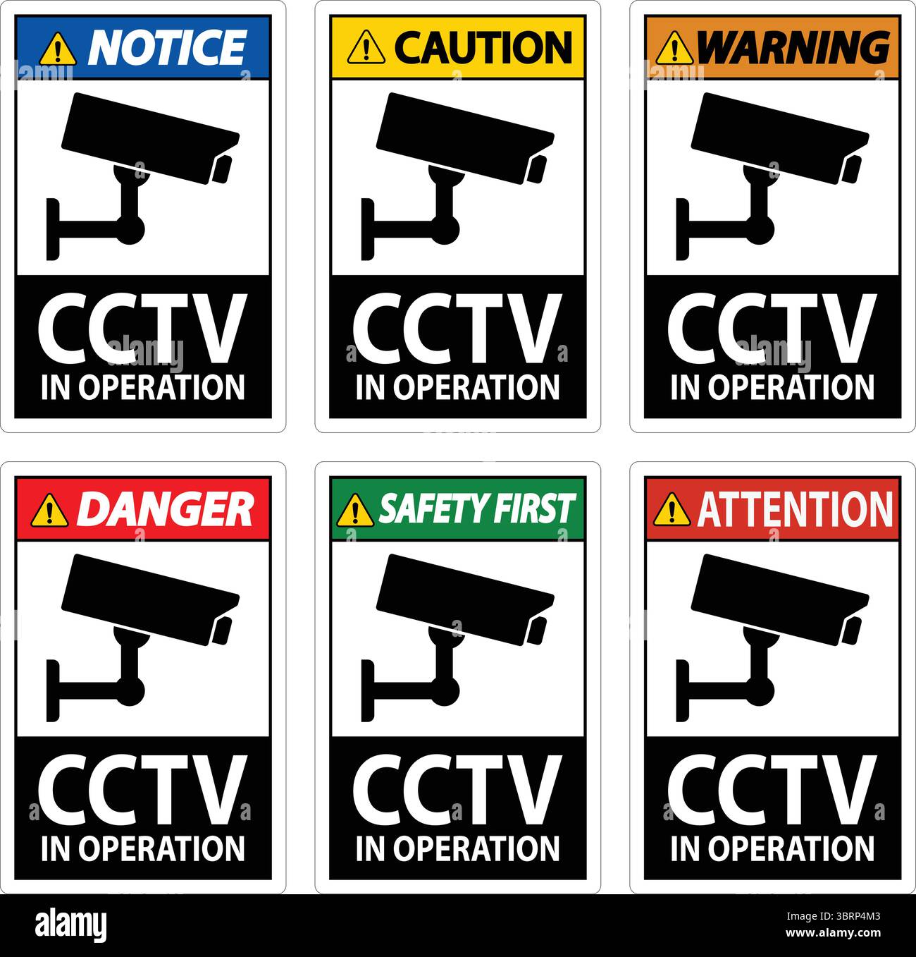 A collection of colorful signs indicating CCTV operation featuring various alerts. Emphasizing security, awareness, and safety in public spaces throug Stock Vector
