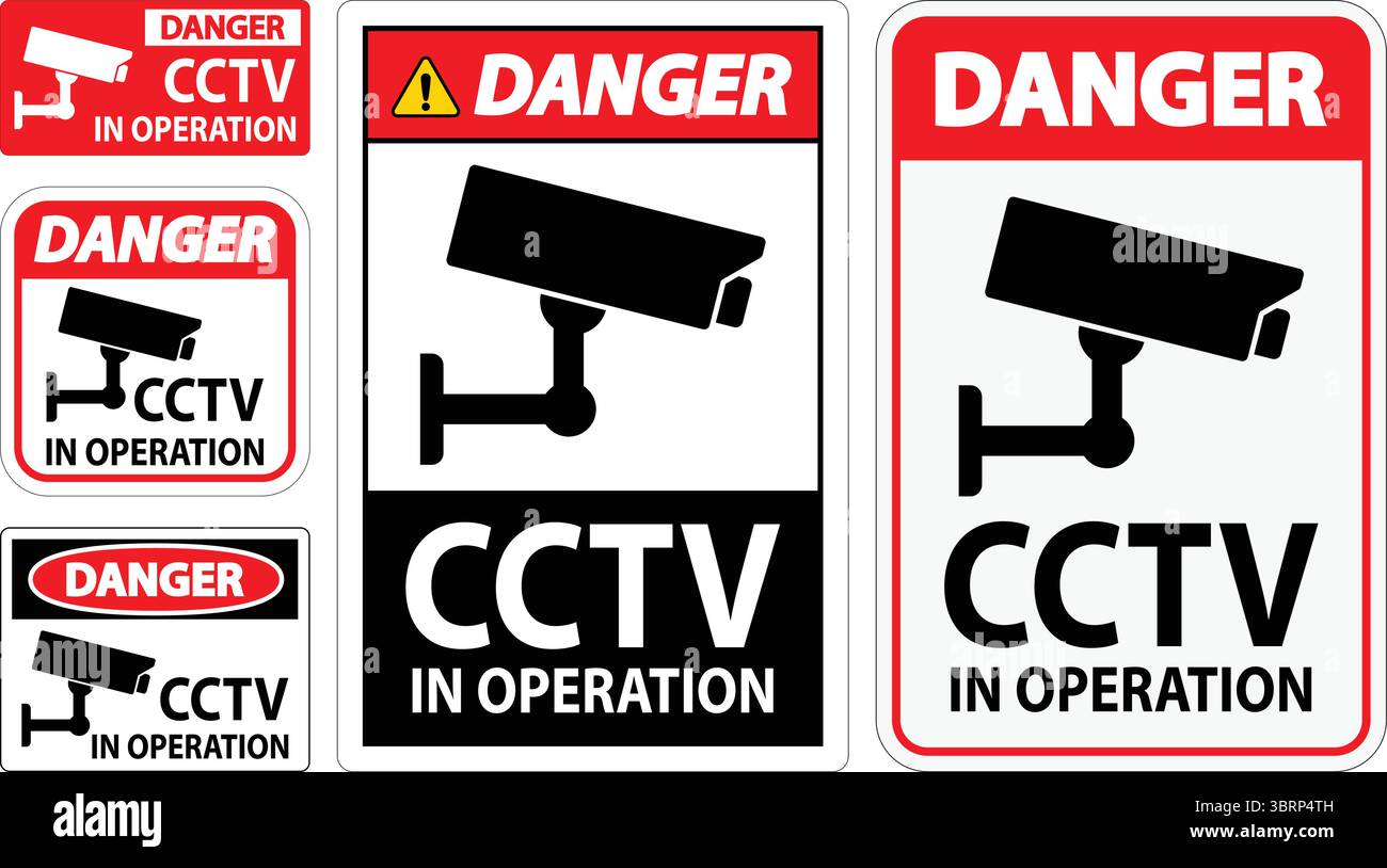 Set of four warning signs indicating that CCTV cameras are in operation, designed for safety and security awareness in public or private spaces. Stock Vector