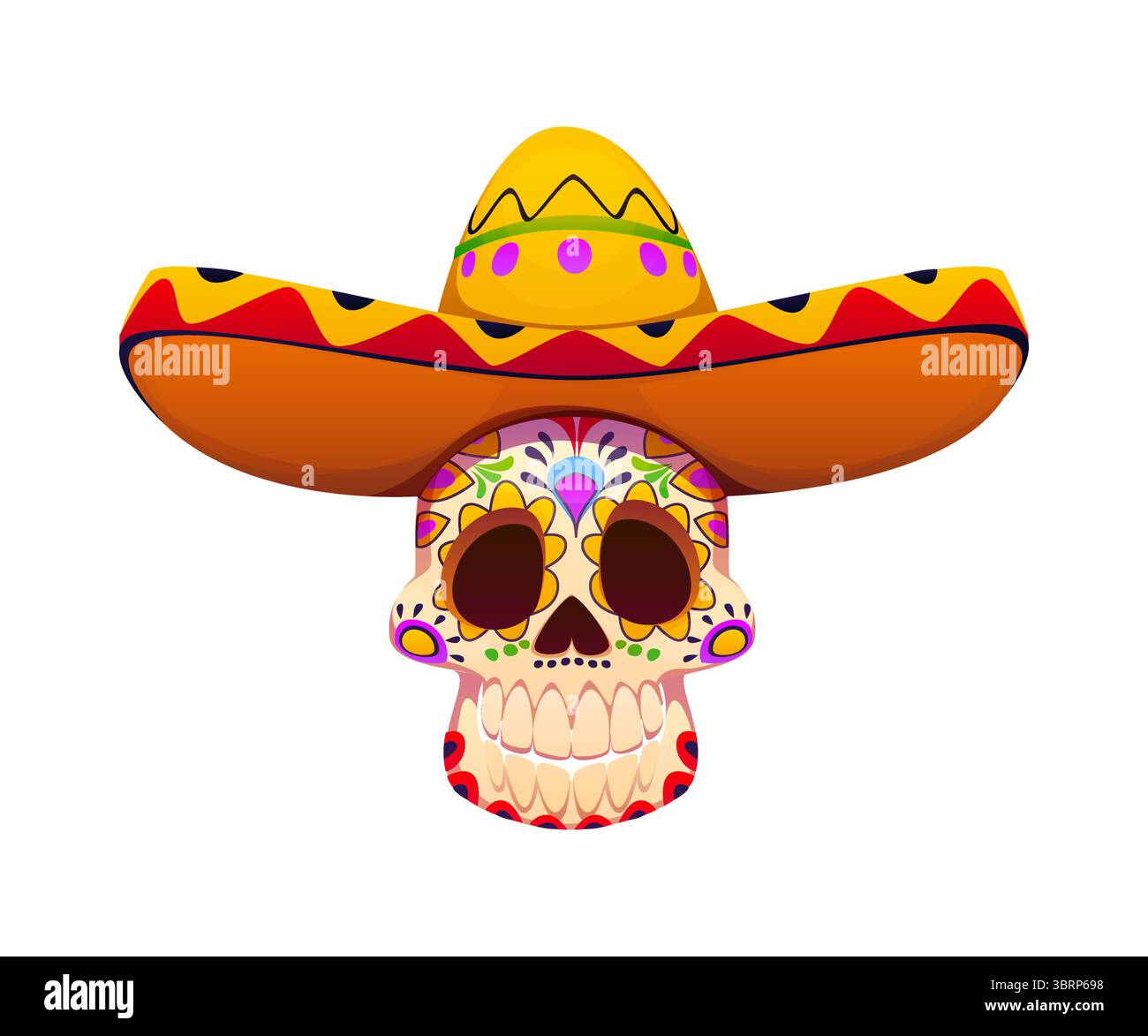 Cartoon day of the dead dia de los Muertos skull in Mexican sombrero ...